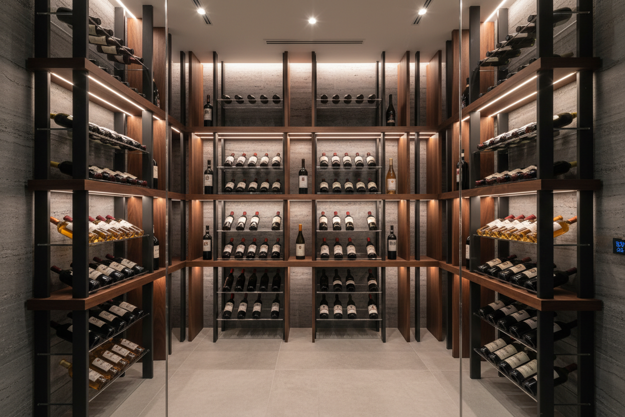 wine bottles in modern wine cellar